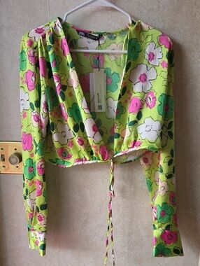 Zara Neon Lime Floral Tie-Front Blouse
